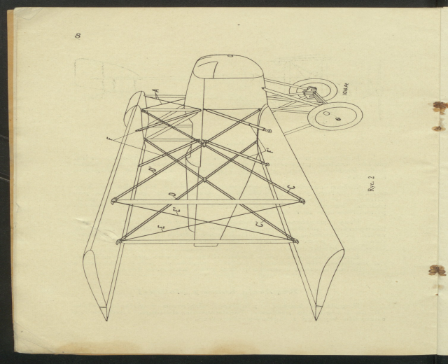 Ein Buchumschlag mit einem detaillierten technischen Zeichnung eines Flugzeugs, einschließlich beschrifteter Komponenten wie Flügel, Propeller und Motoren, mit begleitendem Text über seine Konstruktion.