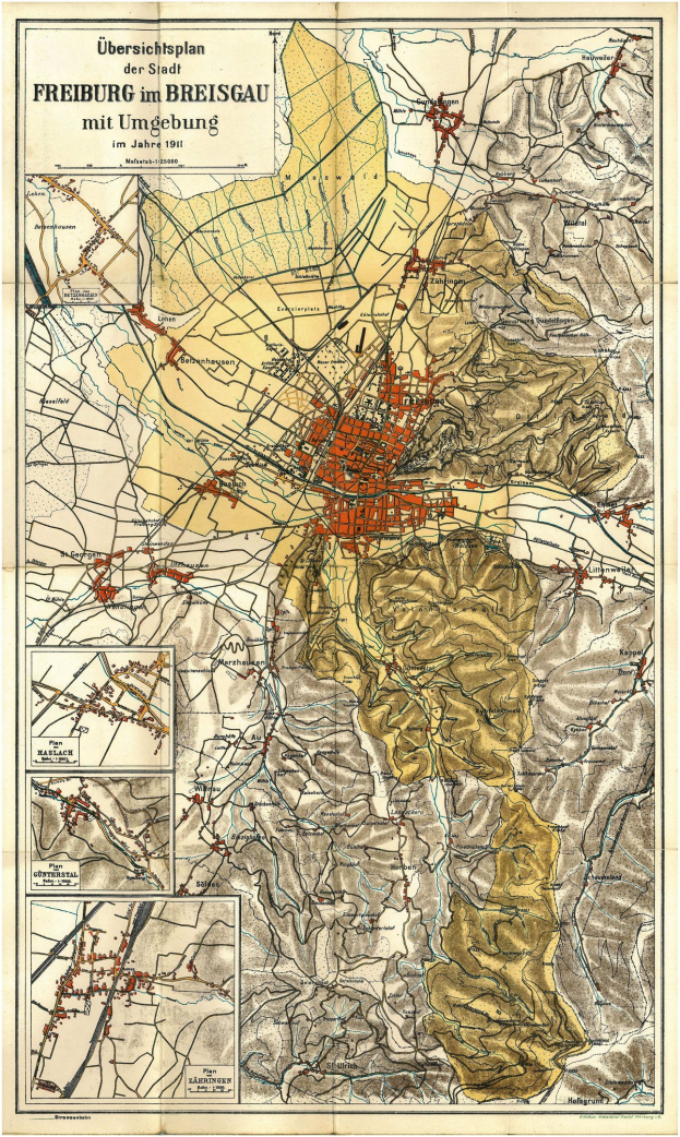 Detailiertes altes Stadtplan von Freiburg, Deutschland, zeigt Straßen, Gebäude und Sehenswürdigkeiten mit Text oben und unten.