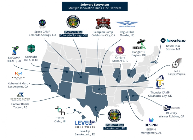 Eine Karte der Vereinigten Staaten mit Logos von Unternehmen und Text, der die Standorte des Software-Ökosystems angibt.