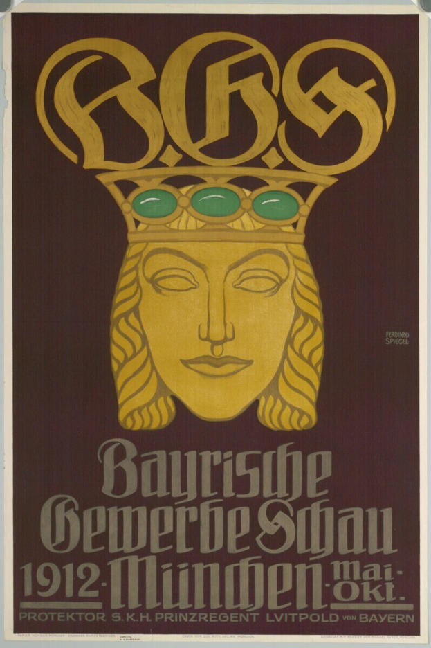 Ein Plakat für das Bayerische Bierfest in München, Deutschland, das ein gekröntes Gesicht zeigt, umgeben von Text.