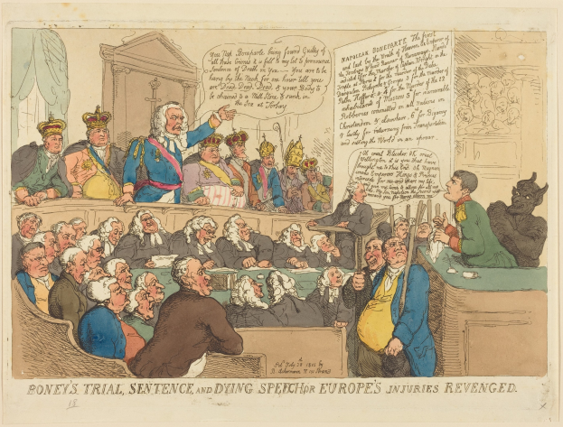 Cartoon-Illustration einer Gerichtsszene mit dem Titel "Boney's Trial, Sentence, and Dying Speech Europe's Injuries Revenged" mit einer stehenden zentralen Figur, sitzenden Beobachtern und einem Tisch mit Gegenständen auf der rechten Seite.