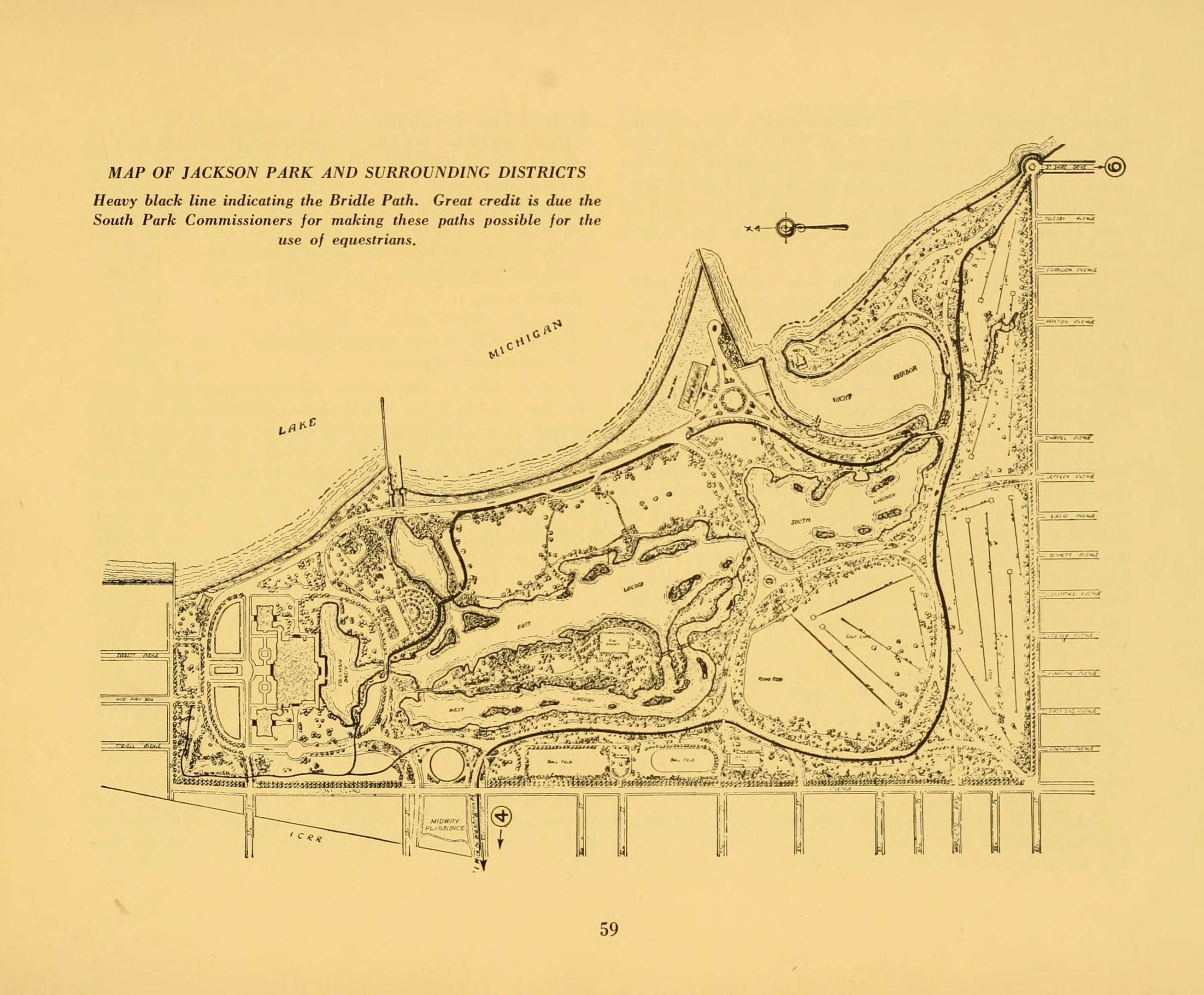 Alte detaillierte Karte von Jackson Park und umliegenden Bezirken mit handgeschriebener Text, die Straßen, Parks und andere Merkmale zeigt.