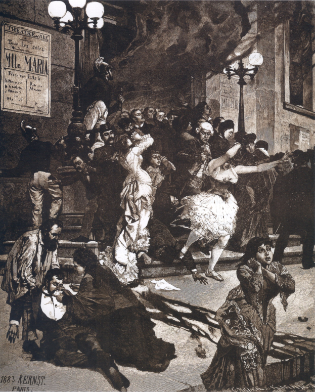 Schwarze und weiße Illustration von tanzenden Menschen vor einem Gebäude mit Laternenmasten und einer Tafel an der Wand, beschriftet mit 'Der Tanz der Oper' unten.