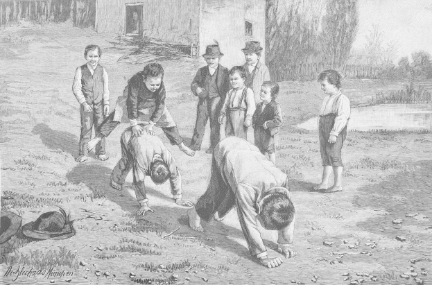 Schwarz-weißes Bild von Kindern, die in einem Feld spielen, mit zwei kämpfenden Jungen in der Mitte und anderen Zuschauern, sowie einem Hut und Text auf der linken Seite.