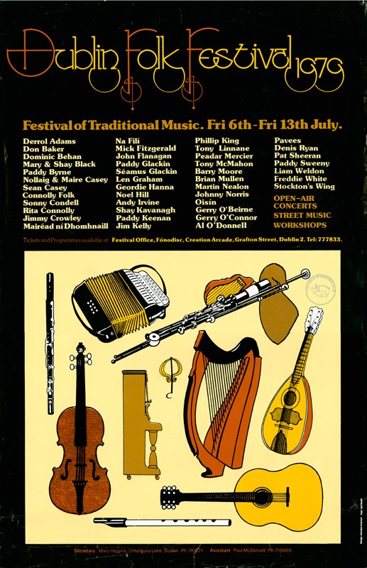 Plakat für das Dublin Folk Festival 1975, das Musikinstrumente wie eine Gitarre, eine Harfe, eine Flöte und ein Schlagzeug zeigt, mit Text, der Details zum Festival angibt.