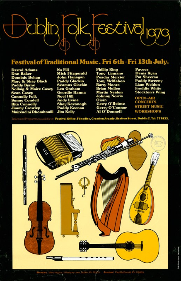 Plakat für das Dublin Folk Festival 1975, das Musikinstrumente wie eine Gitarre, eine Harfe, eine Flöte und ein Schlagzeug zeigt, mit Text, der Details zum Festival angibt.