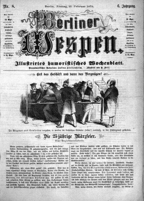 Alte deutsche Zeitung "Berliner Wespen" vom 21. Februar 1873 mit einer Gruppe von Menschen in traditioneller deutscher Kleidung, die sich unterhalten, mit deutscher Textlikely über das Ereignis.