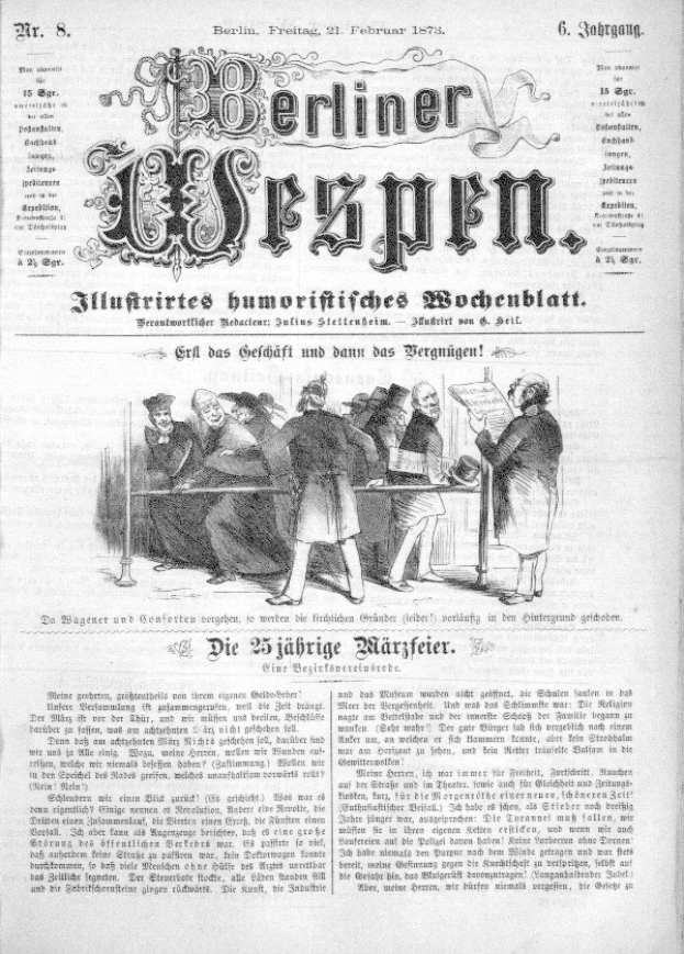 Alte deutsche Zeitung "Berliner Wespen" vom 21. Februar 1873 mit einer Gruppe von Menschen in traditioneller deutscher Kleidung, die sich unterhalten, mit deutscher Textlikely über das Ereignis.