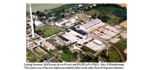 Luftaufnahme einer großen Industrieanlage in Leipzig, Deutschland, beschriftet mit "Bell Europe", mit Gebäuden, Bäumen, Straßen und anderer Infrastruktur.