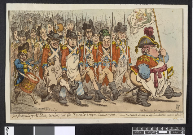 Gruppe von Männern in Militäruniformen marschiert die Straße entlang, einer hält einen Stock, mit Text unten: "Zusätzliche Miliz, Ausmarsch für zwanzig Tage Vergnügen"