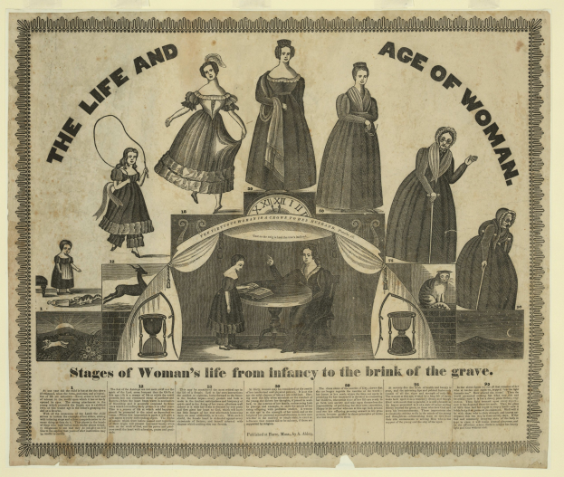 Eine bunte Papillustration, die die Lebensphasen von der Kindheit bis zum Alter zeigt, mit fetter Schrift und detailreichem Design.