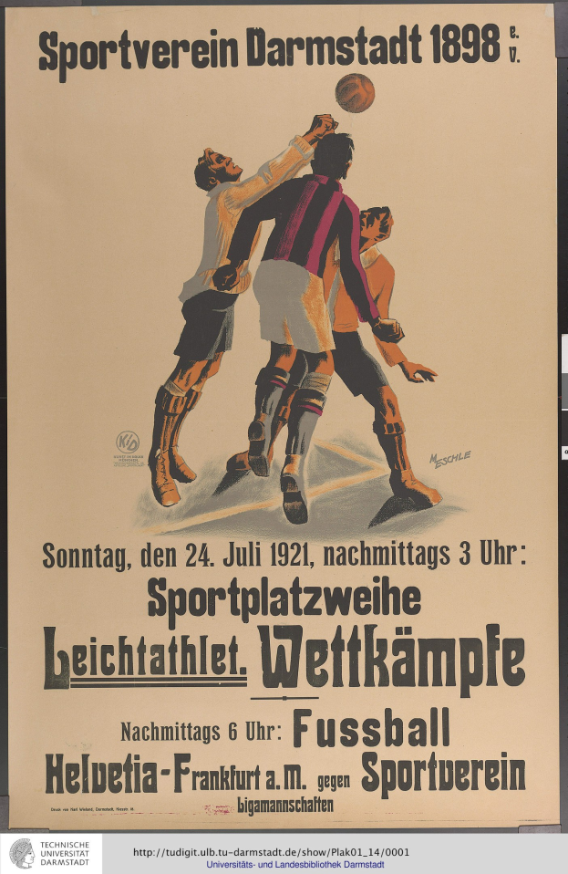Ein Plakat, das ein Fußballspiel mit einer Gruppe von Männern in Fußballtrikots zeigt, die aktiv spielen, mit Text, der das Spiel und die Spieler beschreibt.