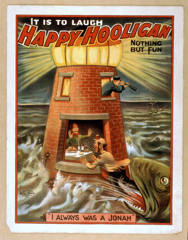 Ein Plakat mit einem Leuchtturm in der Mitte, umgeben von Menschen, einem Fisch und Wasser, mit dem Text "Es ist zum Lachen, glücklicher Rowdy, nichts als Spaß" oben und unten.