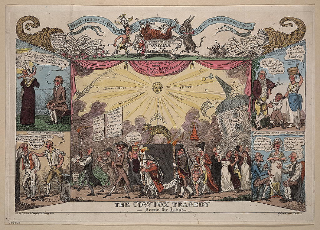Ein Plakat auf einem Tisch oder an der Wand, das Menschen zeigt, die mit Schildern marschieren, mit Cartoon-Teufeln oben drauf.