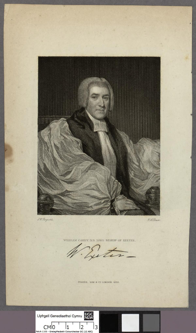 Portrait von William Carey, dem Lord Bishop of Exeter, der in einem Stuhl sitzend in einem weißen Gewand und schwarzem Hut mit ernster Miene, verschränkten Händen und seitlich Blick dargestellt ist, mit der Beschriftung "William Carey" unten.