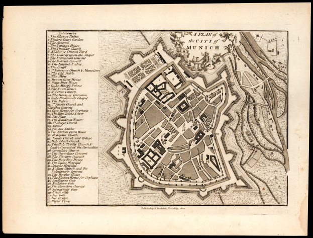 Eine alte Karte von München, Deutschland, auf einem schwarzen Hintergrund, die Straßen, Gebäude und Sehenswürdigkeiten mit beschriftetem Text zeigt.