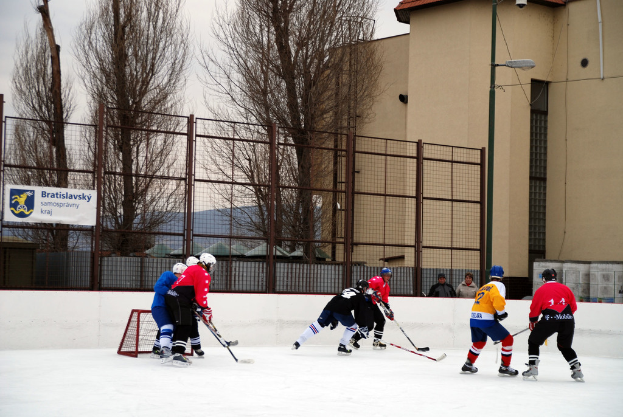 Personen beim Eislaufen auf einer Eisfläche mit Gebäuden, Bäumen, einer Straßenlaterne, einem Namensschild und Zäunen im Hintergrund unter dem Himmel.