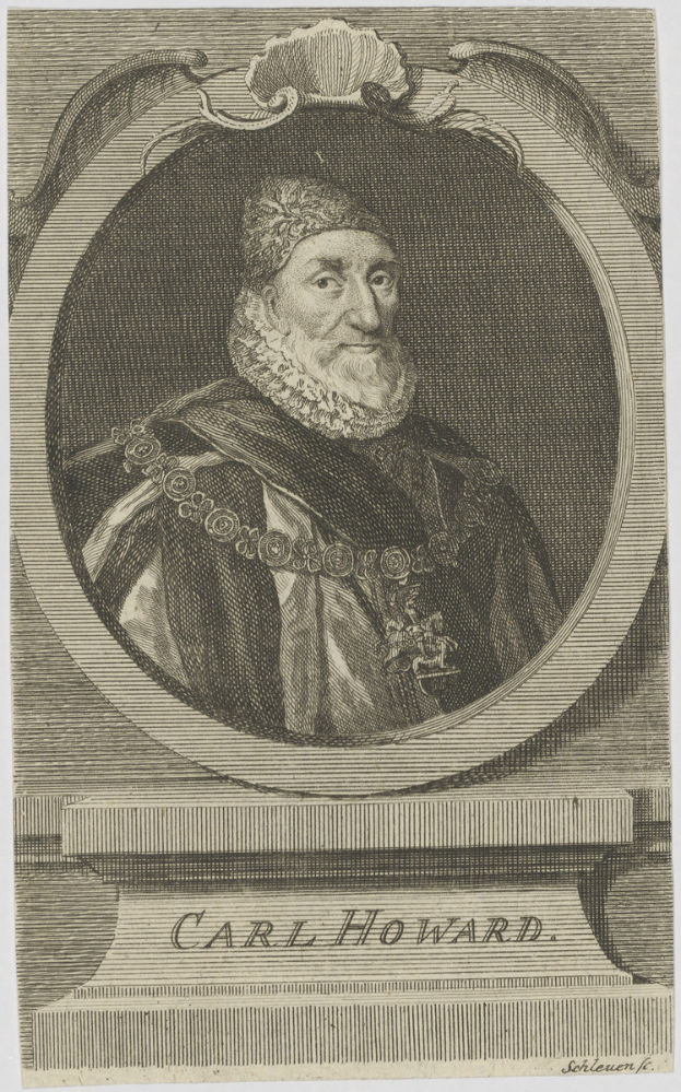 Eine Gravur von Carl Howard, dem K├Ânig von England, mit seinem Gesicht in der Mitte, umgeben von einem Foto-Rahmen und Text unten.