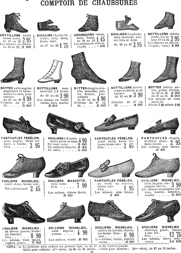 Eine Buchseite mit verschiedenen Frauenschuhen in einzigartigen Designs, Preisschildern und detaillierten Informationen zur Größe, Form und Farbe, sauber in Reihen angeordnet.