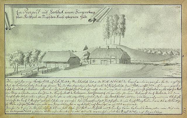 Ein vergilbtes Dokument mit der Überschrift "Surgensburg, Deutschland - Landschaft einer Farm" zeigt eine ländliche Szene mit einem Farmhaus, Feldern, verstreuten Häusern, Bäumen und einem Himmel.