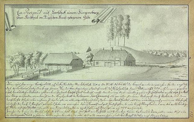 Ein vergilbtes Dokument mit der Überschrift "Surgensburg, Deutschland - Landschaft einer Farm" zeigt eine ländliche Szene mit einem Farmhaus, Feldern, verstreuten Häusern, Bäumen und einem Himmel.