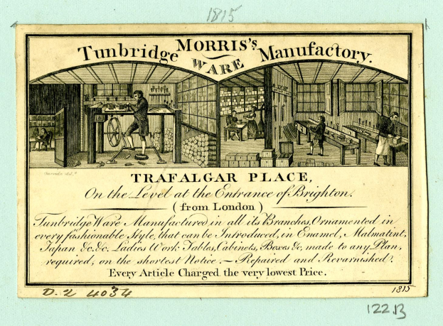 Schwarzes und weißes Werbeplakat für Morris' Tunbridge Ware Factory in Trafalgar Place, London, das Arbeiter, Tische und Fabriklager mit Text zeigt.