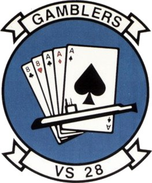 Blaues und weißes Logo mit 'Gamblers vs 28' Text, Spielkarten und einem Stock, der wahrscheinlich ein Glücksspiel darstellt.
