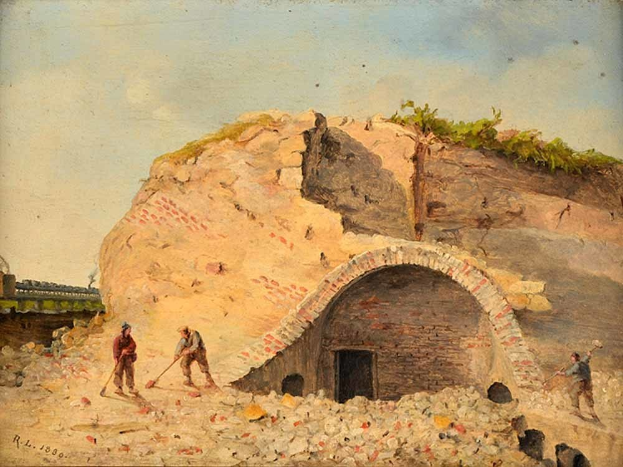 Gemälde mit dem Titel "Bau eines Tunnels" aus dem Jahr 1880, das Männer bei der Arbeit auf einer Baustelle mit einem Hügel, einer Brücke und Himmel im Hintergrund zeigt.