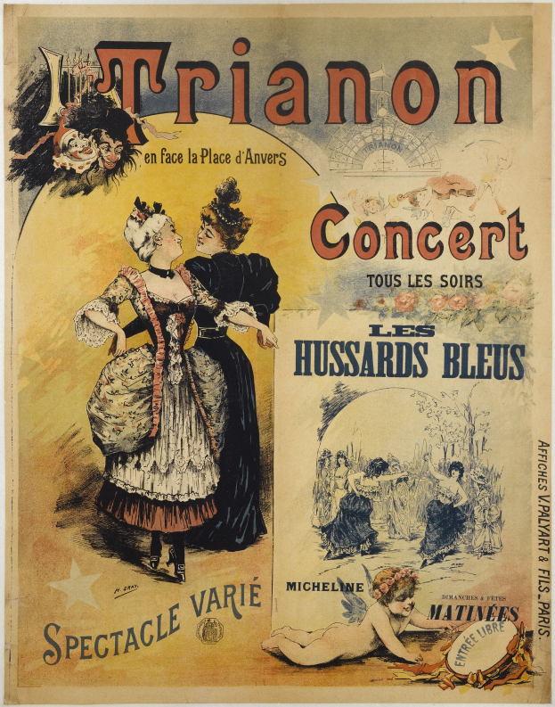 Ein Konzertplakat mit einer Frau in einem langen, hochgeschlossenen Kleid mit langen Ärmeln und einem Mann in einem Anzug, der hinter ihr steht und die Arme verschränkt, beide mit ernsten Gesichtern.