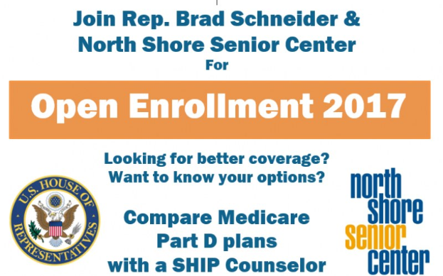 Plakat mit dem Text "Treten Sie Rep. Brad Schneider & North Shore Senior Center bei Open Enrollment 2017" und einem Logo.