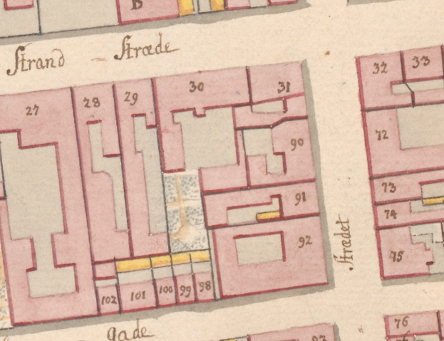 Alte detaillierte Karte von Strand, Deutschland, mit Stra├čen, Geb├Ąuden und anderen Merkmalen.