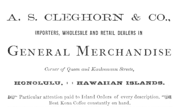 Schwarz-weißes Papier mit dem Text "A.S. Cleghorn & Co. Importeure, Groß- und Einzelhandelsgeschäfte für Allgemeinwaren."