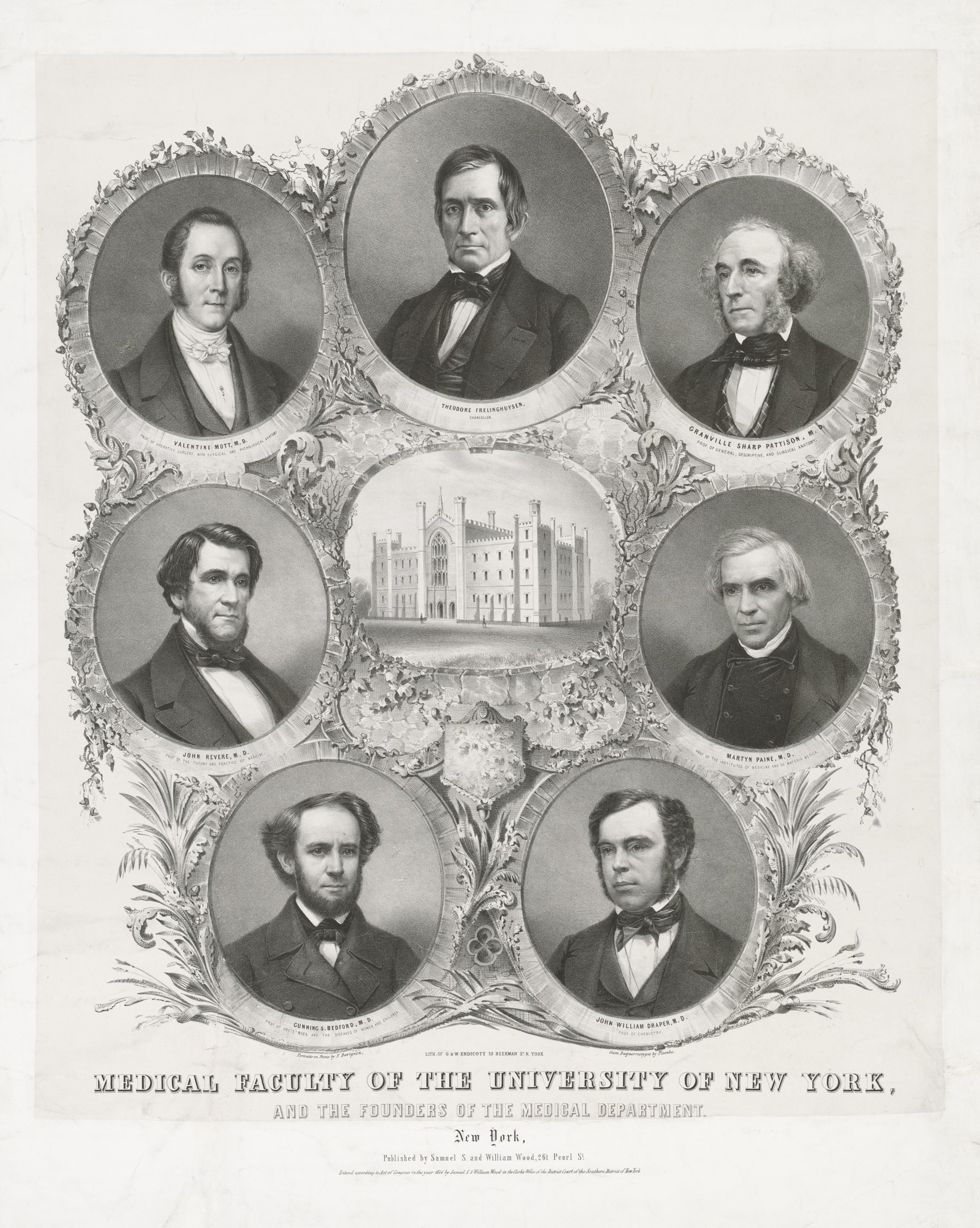Schwarzes und weißes Foto von formell gekleideten Männern, die vor einem Gebäude posieren, mit Text unten, der "Medizinische Fakultät der Universität New York und die Gründer des medizinischen Departments" liest.