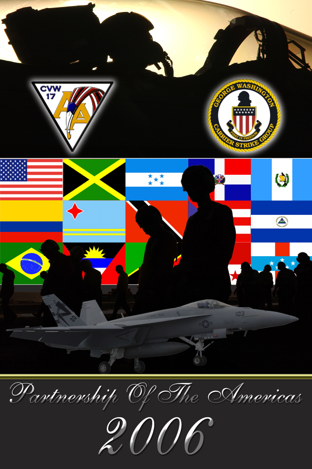 Ein Plakat mit einem zentralen Kampfflugzeug, umgeben von Menschen und Fahnen, mit einem Flugzeug oben und dem Text "Partnerschaft der Amerika 2006" unten.