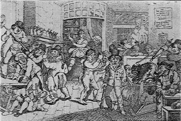 Eine Schwarz-Weiß-Zeichnung einer Gruppe von betroffenen Menschen in einem Raum, wobei einige Gegenstände halten, ein Plakat an der Wand und Text unten mit der Aufschrift "Der Tod des verlorenen Sohns".