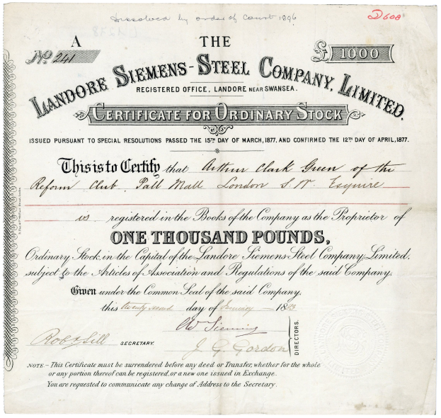 Ordinary Stock Certificate issued by Landore Siemens Steel Company Limited, a paper document with printed text including the company's name and address.