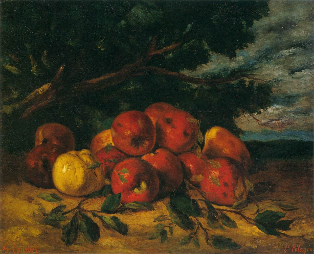 Ein Bild namens "Naturstillleben mit Äpfeln und Birnen" von St. Pelagre, das ein Stillleben von Äpfeln und Birnen auf einem Tisch mit einem Baum und einem wolkenverhangenen Himmel im Hintergrund zeigt.