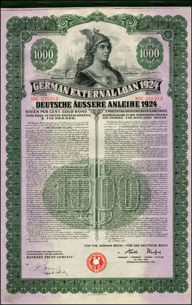 Deutsches Außenkredit-Zertifikat aus dem Jahr 1924 mit einer Frauendarstellung, mit gedrucktem Text und numerischen Denominationen auf altem Papier.