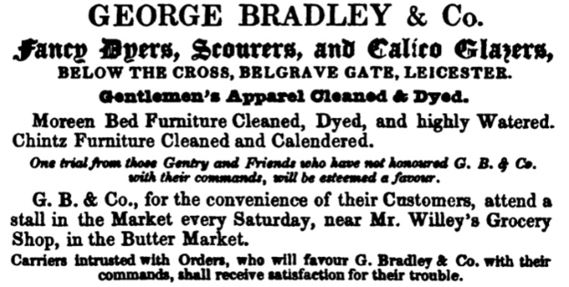 Eine Anzeige für George Bradley & Co. mit schwarzem Text auf einem weißen Hintergrund, die Dienstleistungen wie Fancy-Eyers, Schrubber und Calico-Gläser anbietet.