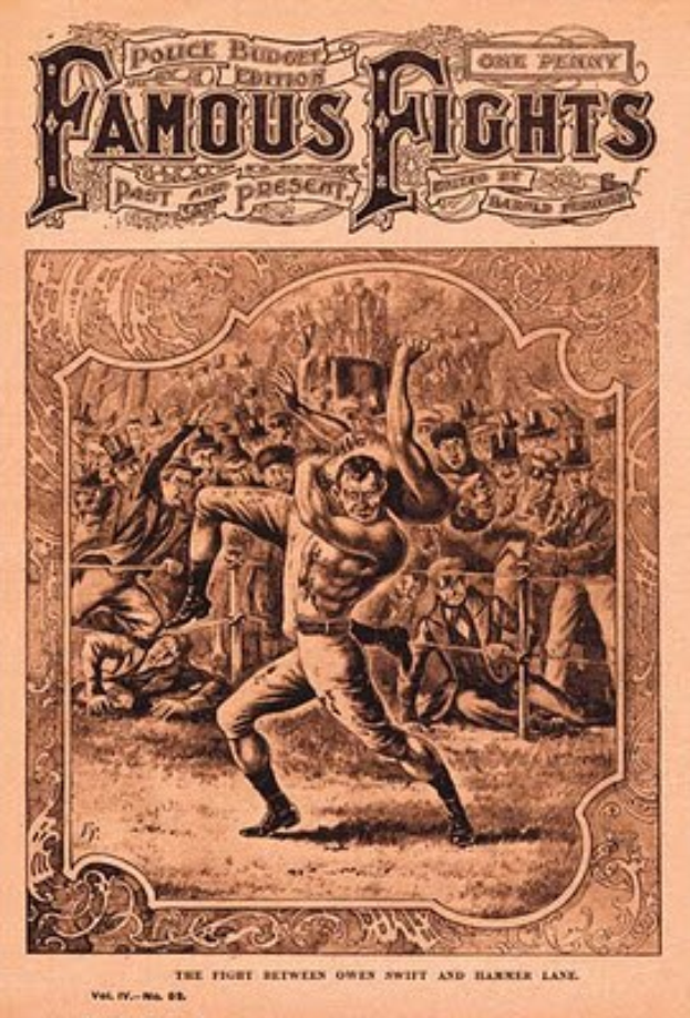 Ein abgenutztes Buch mit dem Titel 'Berühmte Kämpfe, Band 1, Nr. 8' zeigt eine Illustration auf dem Cover, die einen Boxer im Ring mit erhobenem Handschuh und einer jubelnden Menge dahinter zeigt.