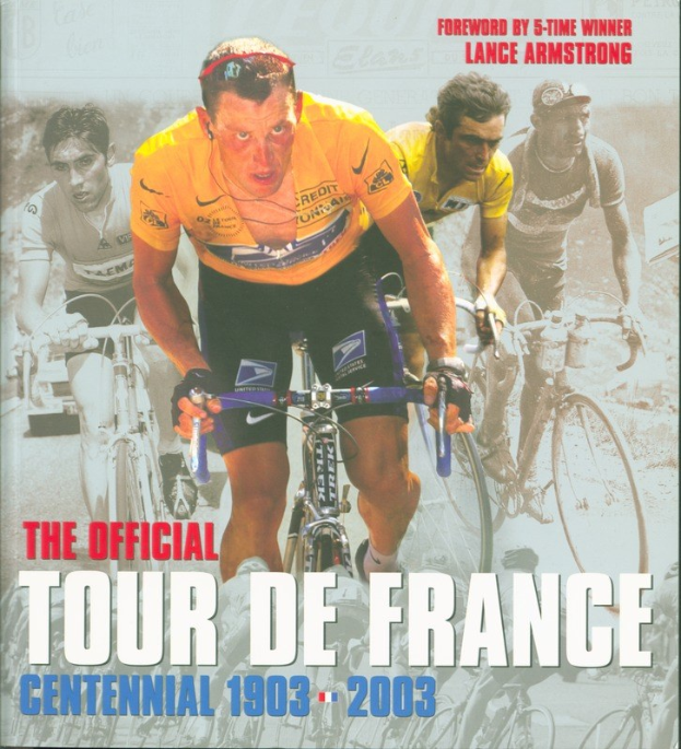 Offizielles Tour-de-France-Jubiläumsplakat (1903-2003) mit einer Gruppe von Radfahrern und begleitendem Text.