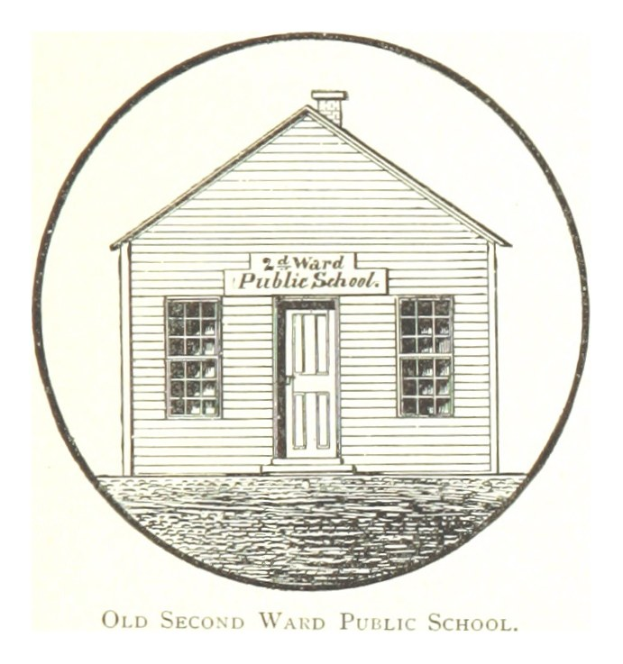 Ein altes, zweistöckiges Haus mit einer zentralen Tür und mehreren Fenstern, das vor einem Hintergrund eines öffentlichen Schulgebäudes steht, mit Text unten auf dem Bild.