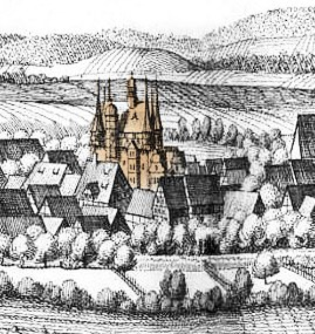 Schwarz-weiß-Zeichnung einer kleinen Stadt mit einer zentralen Kirche und umliegenden Bäumen und Hügeln, beschriftet mit "Gothic Architecture in Germany" unten.