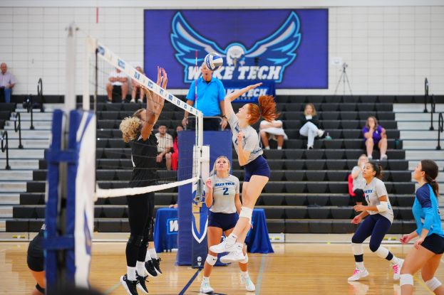 Frauen beim Volleyballspielen mit einem Netz, Zuschauern im Hintergrund und einem Meisterschaftsbanner mit einem Adler darauf an der Wand.