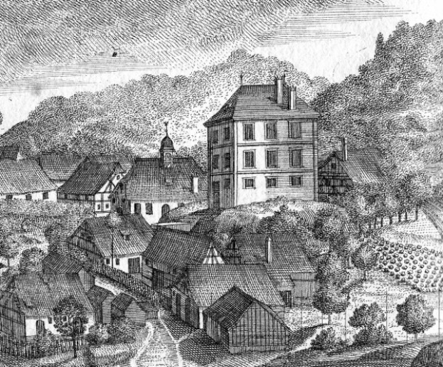 Schwarz-weiß-Zeichnung einer kleinen 19. Jahrhundert-Bayerischen Stadt mit einer zentralen Kirche, Häusern, Bäumen und einem Himmel, beschriftet mit "Bayern im 19. Jahrhundert" unten.