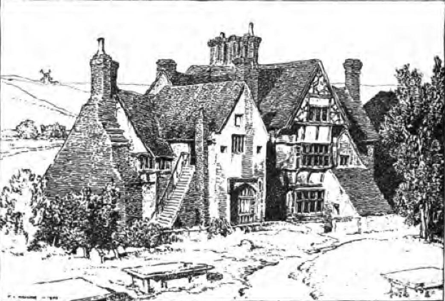 Schwarze und weiße Zeichnung eines Hauses in einem Feld umgeben von Bäumen unter einem klaren Himmel mit Text "Cotswold Cottages in England" unten.