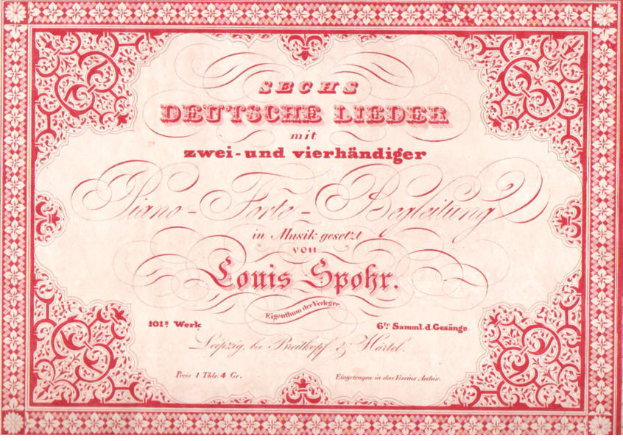 Ein altes deutsches Wertpapier mit rotem Rand und weißem Hintergrund, das den Text "Louis Spohr - Zweites Deutsches Lieder" zeigt.