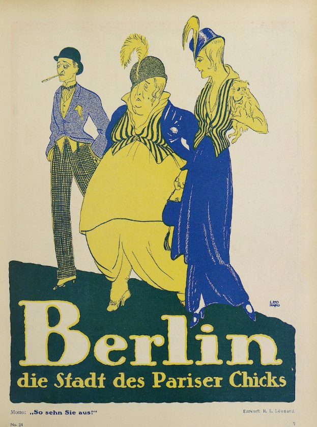 Ein Plakat, das ein Konzert in Berlin, Deutschland, ankündigt, zeigt eine Gruppe von Menschen in bunter Kleidung vor einem Gebäude mit der Aufschrift "Berlin - Die Stadt des Pariser Chicks" oben.