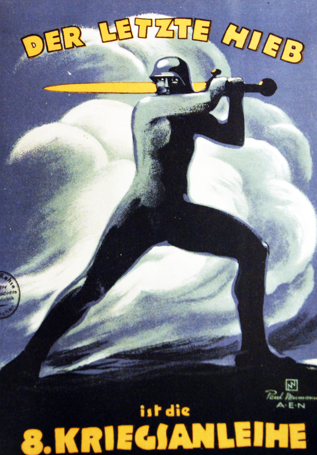 Ein deutsches Propagandaplakat der 8. Kriegsmarine, das eine Person mit einem Schwert zeigt, mit Text zu einem Ereignis.