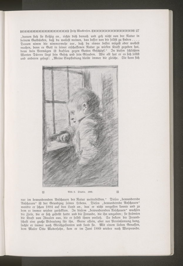 Ein aufgeschlagenes Buch auf einer flachen Oberfläche, das eine Zeichnung eines Kindes zeigt, das aus einem Fenster schaut, und begleitenden Text.